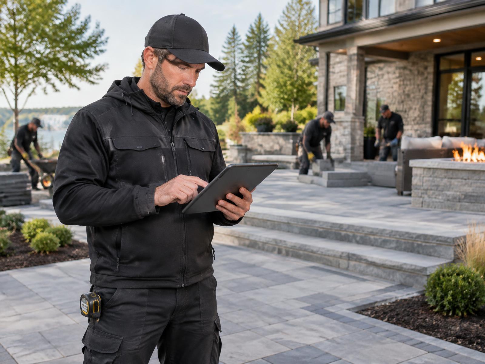 Hardscape contractor using a tablet on site