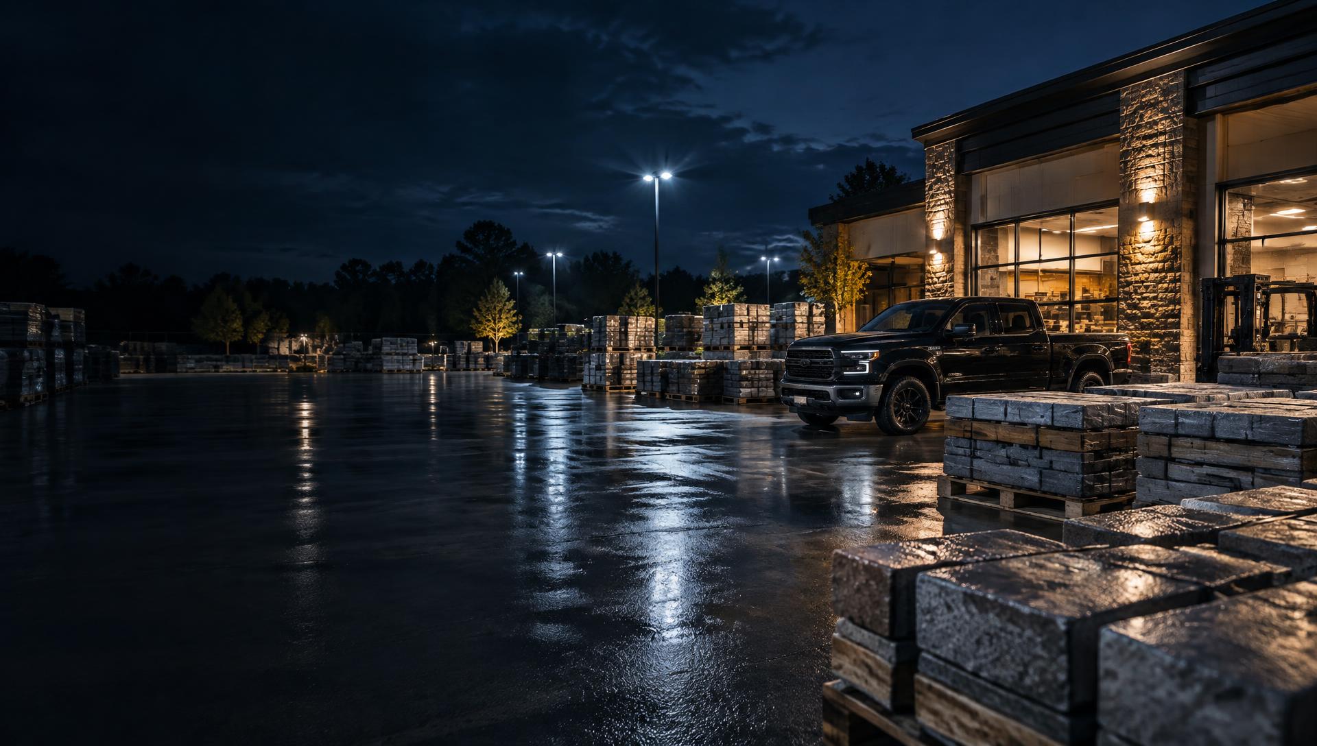 Professional hardscape dealer yard at night